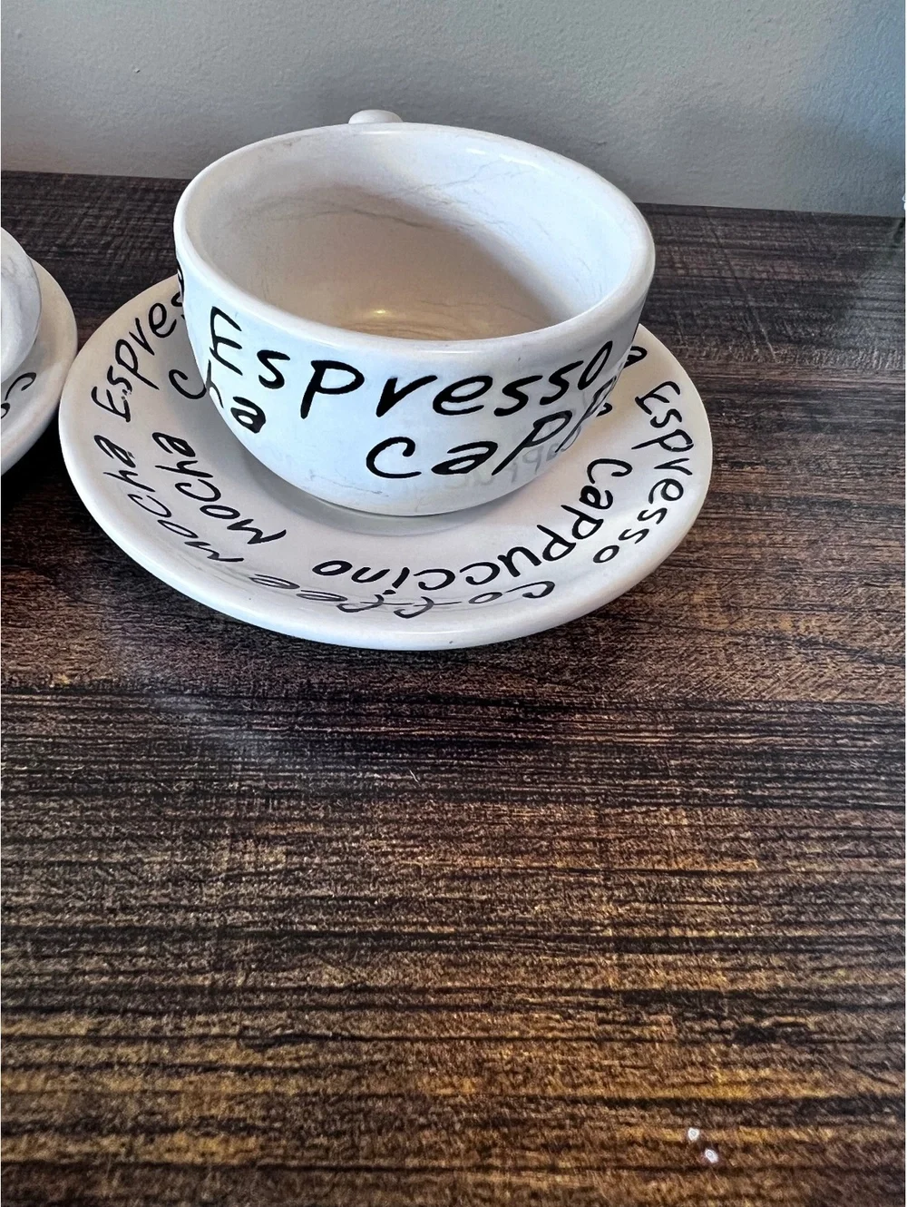 Lot of 3 white espresso cups saucers black cursive text coffee cappuccino mocha